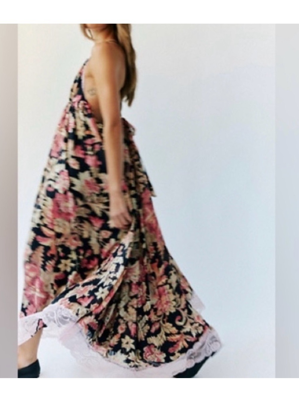 NWT Free People Primmy Printed Midi-Dress Black Floral Lace-Trim with Pink - Picture 5 of 13